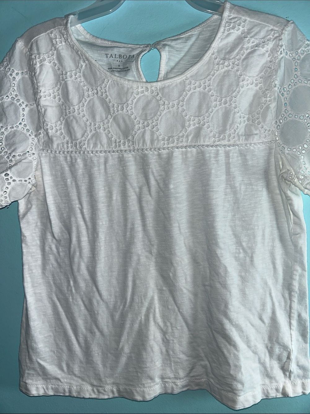 Talbots White Eyelet Yoke Short Sleeve Blouse